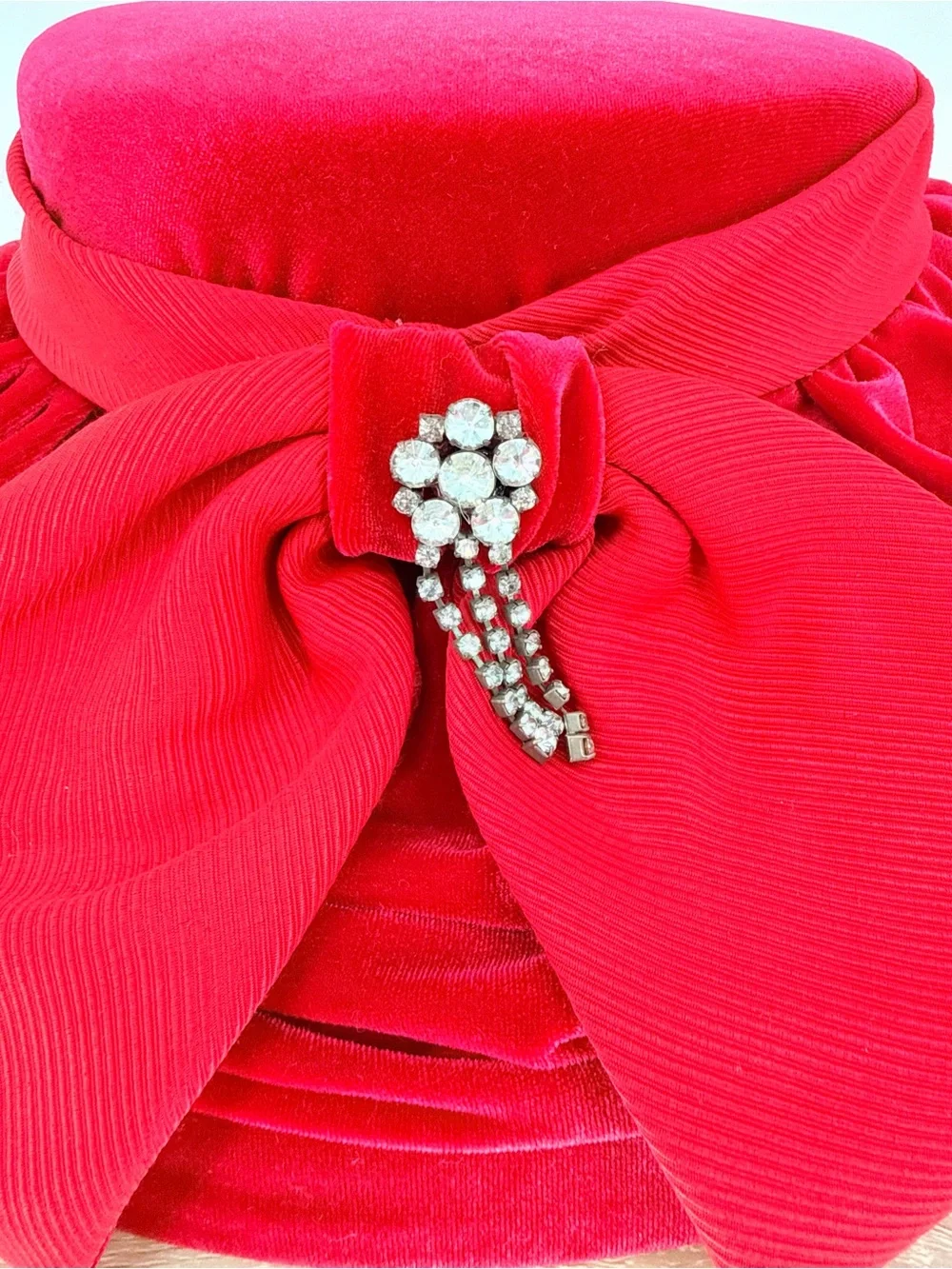 Whittall & Shon Vintage Red Wool Velvet Wide Brim Hat Rhinestone Bow Pillbox
